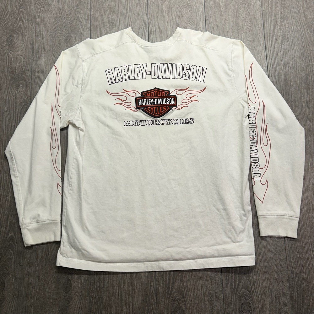 Harley-Davidson Mens XL White Long Sleeve T-Shirt Y2K Flame Sleeve Graphic Logo